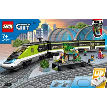 LEGO 60337 City Express keleivinis traukinys nuotolinio valdymo rinkinys su veikiančiais priekiniais žibintais, 2 vagonais ir 24 bėgių dalimis