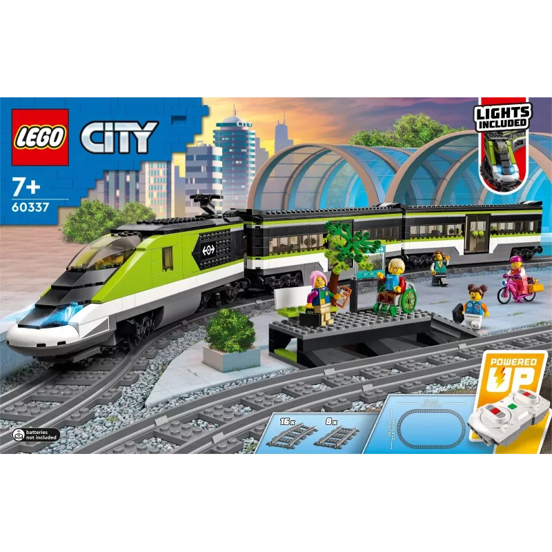 LEGO 60337 City Express keleivinis traukinys nuotolinio valdymo rinkinys su veikiančiais priekiniais žibintais, 2 vagonais ir 24 bėgių dalimis