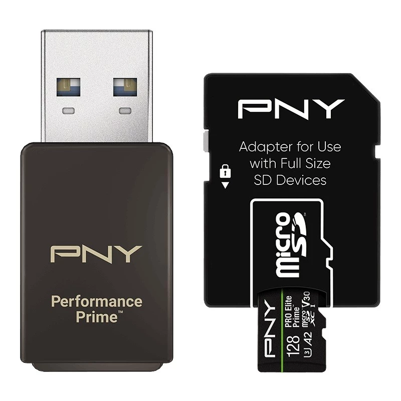 Atminties kortelė microSDXC PNY PRO Elite Prime 128GB + SD adapteris + USB-A kortelių skaitytuvas