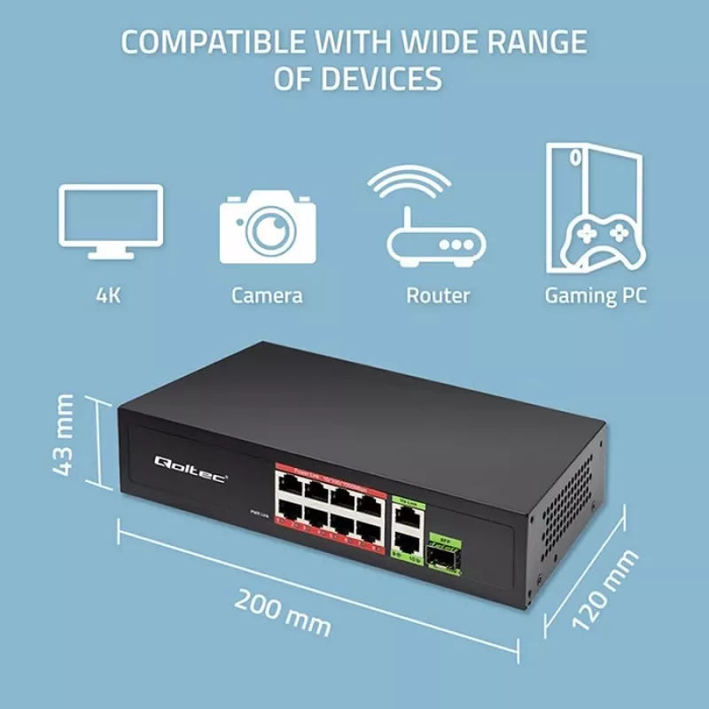 Eterneto jungiklis QOLTEC 52297 PoE RJ45 su PoE Uplink ir SFP prievadu
