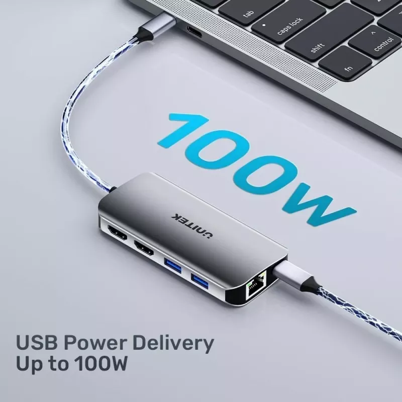 USB-C HUBAS Unitek D1122A01 su 2x HDMI 4K ir 100W Power Delivery