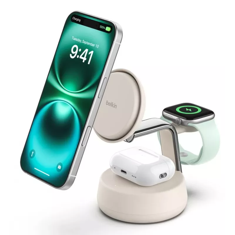 Belaidis USB įkroviklis Belkin Qi2 WIZ040KQSD — 25 W, USB maitinimas, 1,5 m laidas, baltas, išmaniesiems telefonams, išmaniesiems laikrodžiams, ausinėms, sporto apyrankėms
