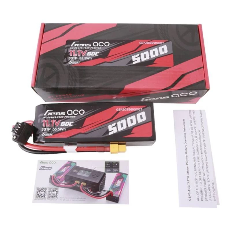 Gens ace G-Tech 5000mAh 11.1V 60C 3S1P trumpo dydžio Lipo akumuliatorius su XT60 kištuku