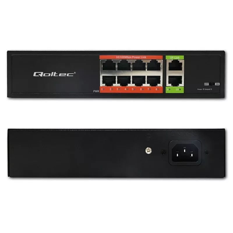 Tinklo jungiklis QOLTEC FAST Ethernet PoE 8xRJ45 su 2xRJ45 uplink (52290)