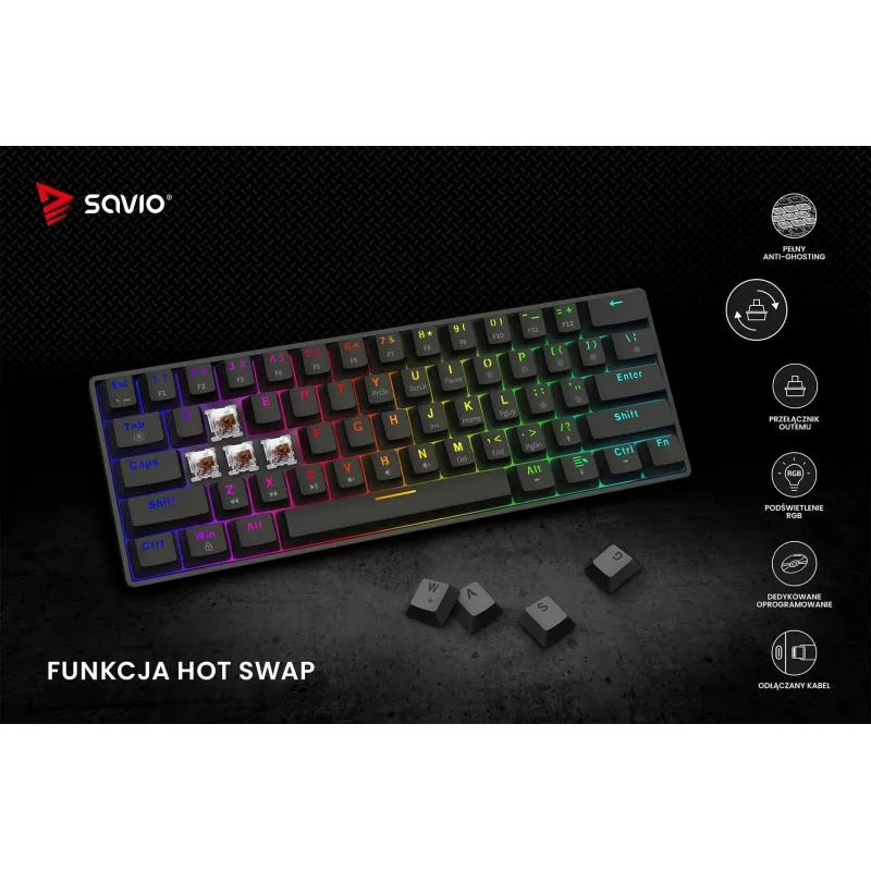 Mechaninė žaidimų klaviatūra SAVIO BLACKOUT X2 BROWN 61 klavišas 60% USB QWERTY RGB Outemu Brown