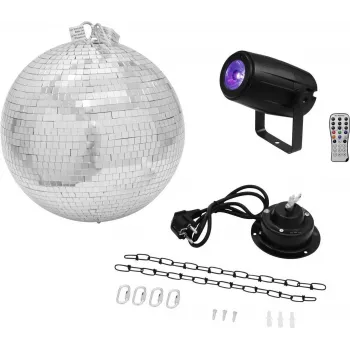 LED disco kamuolio rinkinys EUROLITE 20000562 – 30 cm veidrodinis rutulys su varikliu ir integruotu LED apšvietimu