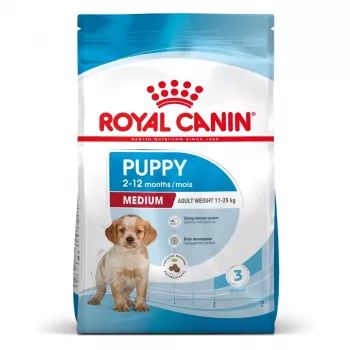 Sausas šunų ėdalas Royal Canin Medium Puppy 15 kg – vidutinių veislių šuniukams, vištienos skonis, 32% baltymų, 20% riebalų