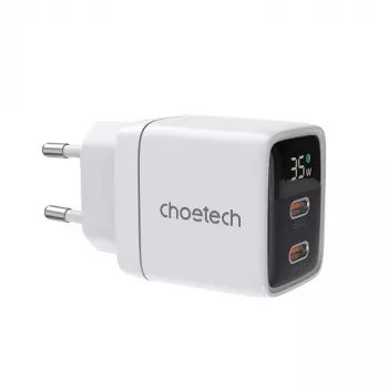 Choetech PD6051 2x USB-C PD 35W GaN sieninis įkroviklis su ekranu - baltas