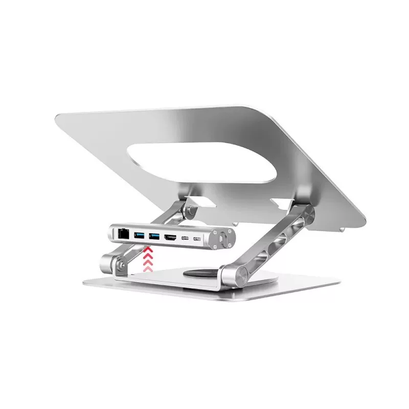 Nešiojamojo kompiuterio stovas Unitek D1109B01 – aliumininis reguliuojamas stovas su atjungiamu USB‑C moduliu, HDMI 4K, PD 100W, 2x USB‑A, RJ‑45, tinka iki 17 colių