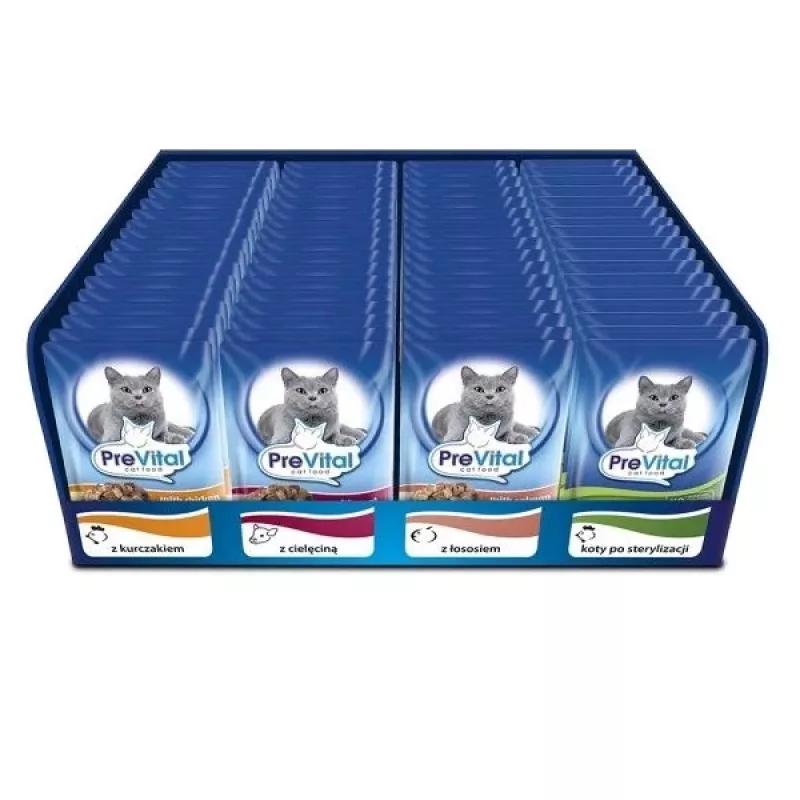 Šlapias kačių ėdalas PREVITAL Cat Food Mix 4 skoniai – vištiena, veršiena, lašiša, paukštiena, 96 x 100 g paketėliai (9,6 kg, suaugusioms katėms)
