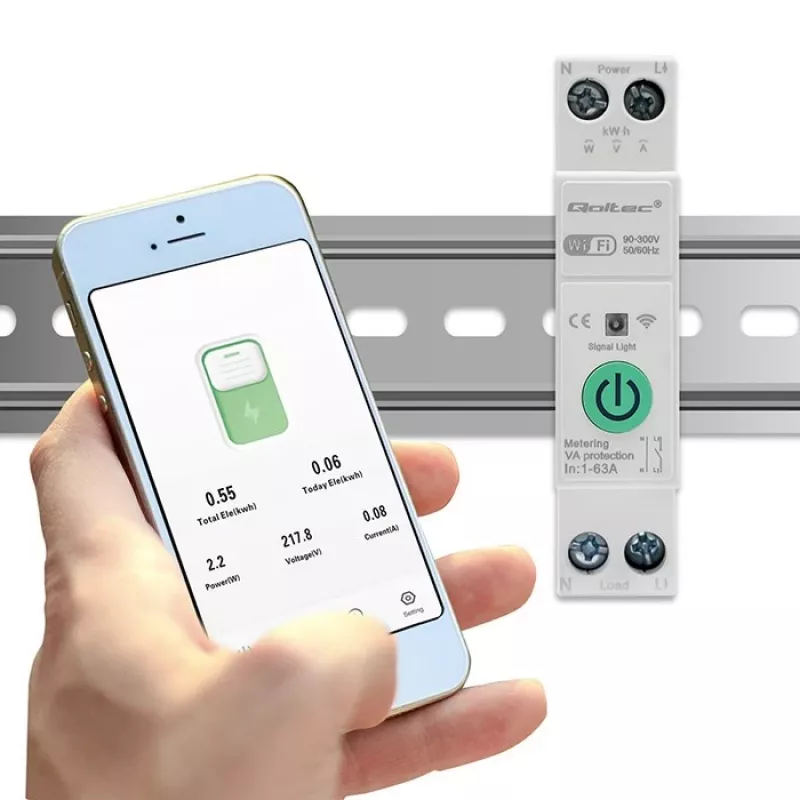 DIN-bėgio WiFi relė QOLTEC 50881 – tinklo perjungimo relė 63A elektros instaliacijai