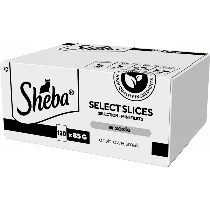 Šlapias kačių ėdalas Sheba Select Slices Paukštienos skoniai multipack – 120 x 85 g paketėliai, suaugusioms katėms, 83% drėgmės