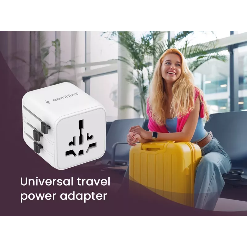 Universalus kelioninis adapteris GEMBIRD TPA-INT-01-W, įvadas 100–250V, G tipo kištukas, 84×56×85 mm