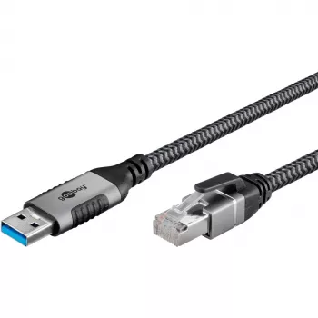 Ethernet kabelis USB-A 3.2 Gen1 kištukas > RJ-45 kištukas, LAN adapteris juodas/sidabrinis, 1,5 m, pintas tekstilinis apvalkalas