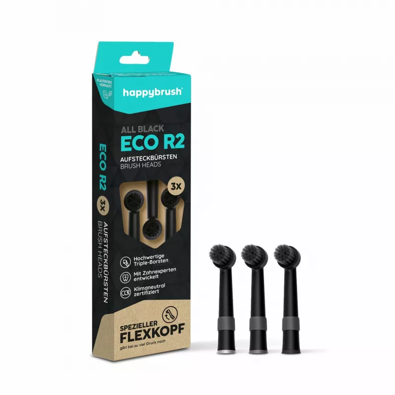 happybrush ECO R2 pakaitiniai šepetėlių antgaliai, juodi, 3 vnt.