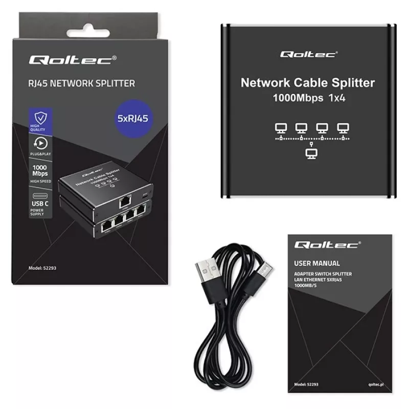 Ethernet mini jungiklis QOLTEC 52293 1x4 RJ45, 1 įėjimas 4 išėjimai, nevaldomas tinklo skirstytuvas