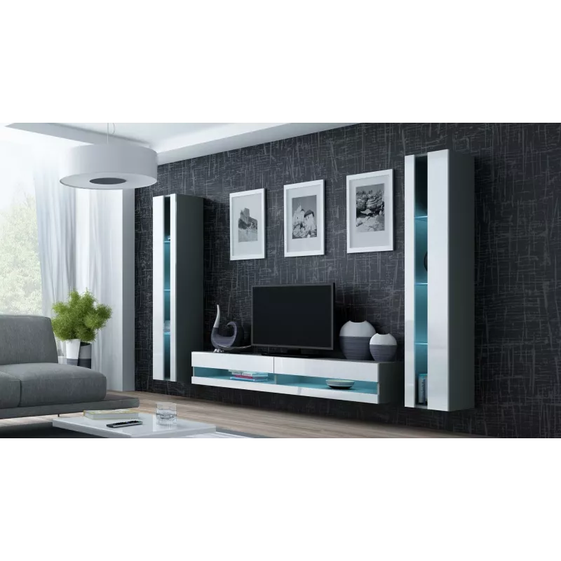 TV stovas Cama Meble VIGO NEW 30/140/40 — 1400×400×300 mm, pilkas viršus, pilkas rėmas, balti blizgūs fasadai