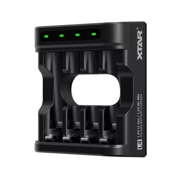 Baterijų įkroviklis XTAR 4 lizdai AA/AAA (Li-ion, NiMH) USB-C, LED indikatoriai, juodas