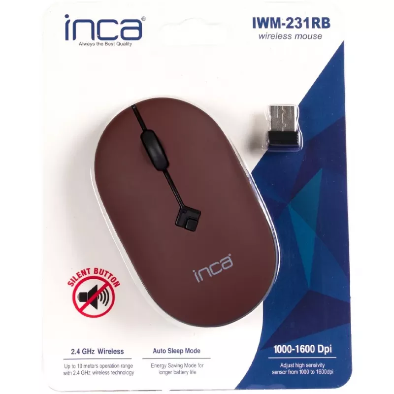 INCA pelė IWM-231RB 1600 DPI, belaidė, 4 mygtukai, ruda, 2,4 GHz