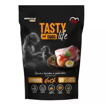 Šlapias šunų maistas BIOFEED Tasty Life junior 90% antis 500 g – pilnavertis pašaras augimui, 11,5% baltymų, 8,5% riebalų