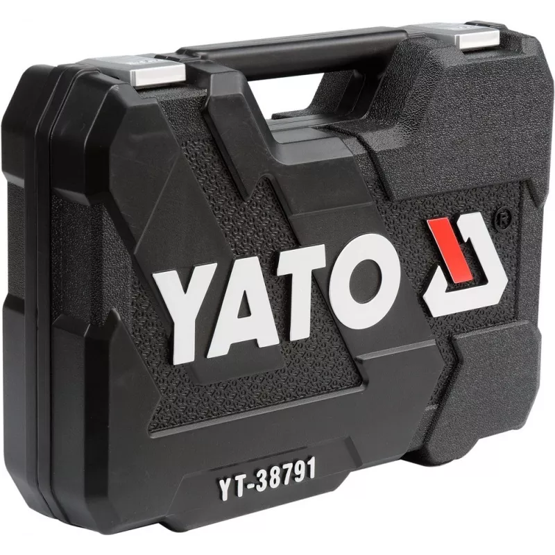 Veržliarakčių komplektas YATO YT-38791 — 108 dalių, 1/2 colio pavara, su reketu, juodas dėklas