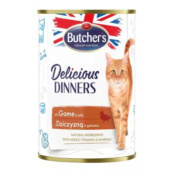 Butcher's Delicious Dinners šlapias ėdalas katėms 400 g — Suaugusioms katėms, elniena, 82% drėgmės, 8.5% baltymų, 5.5% riebalų