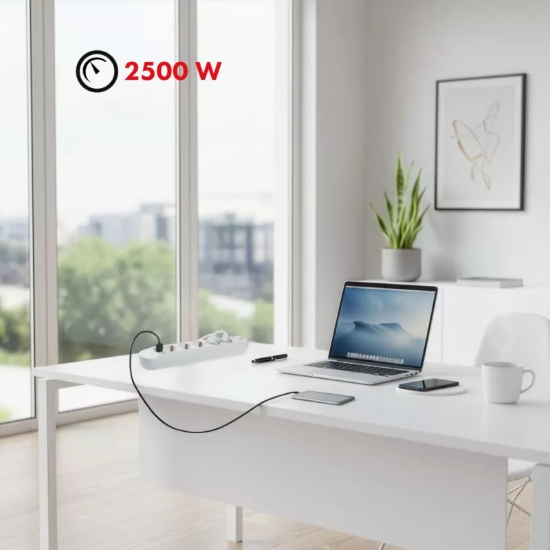 Maitinimo blokas MACLEAN MCE395 W – 5 kištukinių lizdų, 3× USB A, 110–240 V AC, 2,1 A USB, max 2500 W, baltas, 1,5 m laidas