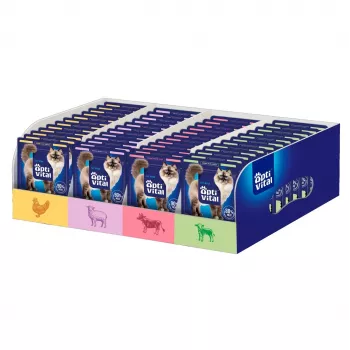 OptiVital paketėliai katėms 112 paketėlių - 4 skoniai. Su vištiena, ėriena, jautiena, veršiena - Mixcase 112x85g