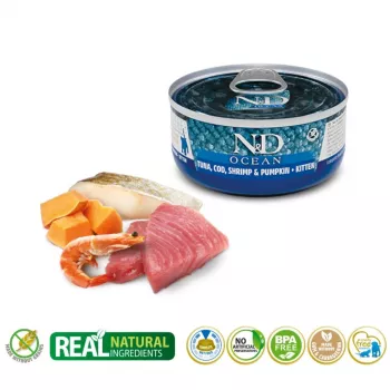 Šlapias kačių ėdalas Farmina N&D Ocean Kitten Tuna, Cod & Shrimp with Pumpkin 70 g skardinė