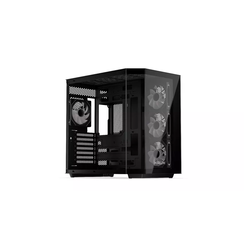 Krux Empero KRXD010 Midi Tower PC korpusas, ATX, su grūdinto stiklo skydu, 4 x 120 mm ARGB ventiliatoriai, juodos spalvos - GPU iki 420 mm, procesoriaus aušinimas iki 155 mm, 2x 3,5" + 3x 2,5" įdėklai