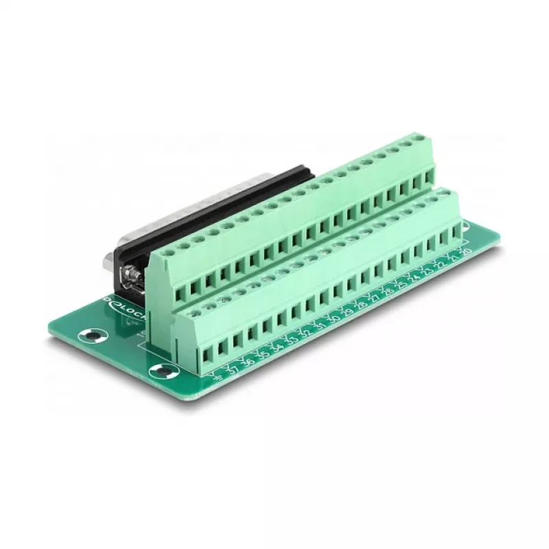 DeLOCK 66913 adapteris D-Sub 37 kontaktų kištukas į gnybtų bloką, tvirtinimui ant DIN bėgio, 51 mm × 30 mm × 116 mm, žalias