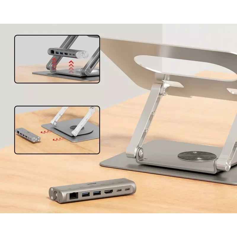 Nešiojamojo kompiuterio stovas Unitek D1109B01 – aliumininis reguliuojamas stovas su atjungiamu USB‑C moduliu, HDMI 4K, PD 100W, 2x USB‑A, RJ‑45, tinka iki 17 colių