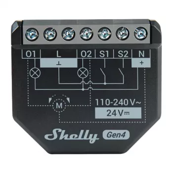 Shelly 2PM Gen4 žaliuzių ir roletų pavara 2 kanalai, AC 110–240V, 2.4 GHz Wi‑Fi, 1.4 W, 8000 KB flash