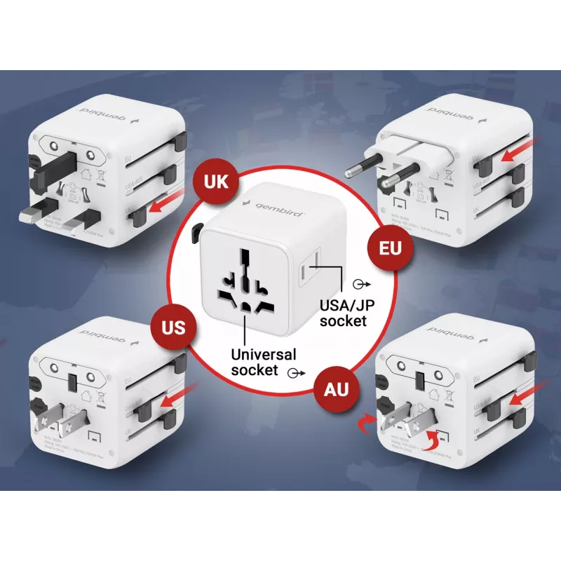 Universalus kelioninis adapteris GEMBIRD TPA-INT-01-W, įvadas 100–250V, G tipo kištukas, 84×56×85 mm