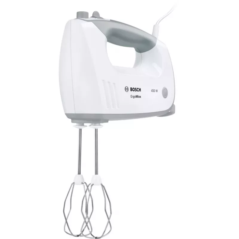 Rankinis plaktuvas Bosch MFQ36400 – 450 W, 5 greičiai, turbo, 1,3 m laidas, pilkai baltas