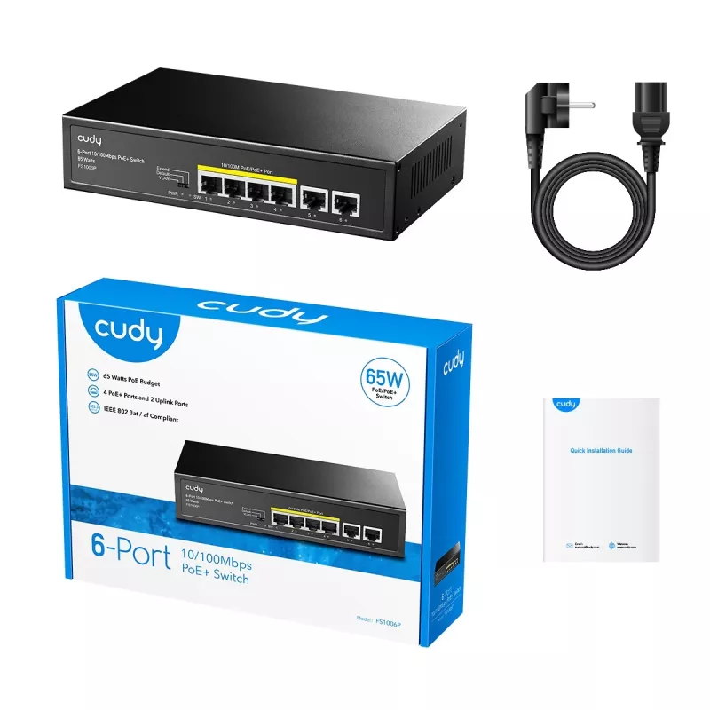 Tinklo jungiklis Cudy FS1006P Fast Ethernet 6 prievadų (4 PoE, 1 PoE+) 10/100 Mbps, 1,2 Gbit/s pralaidumas, metalinis korpusas, montavimas stove/sienoje/ant stalo