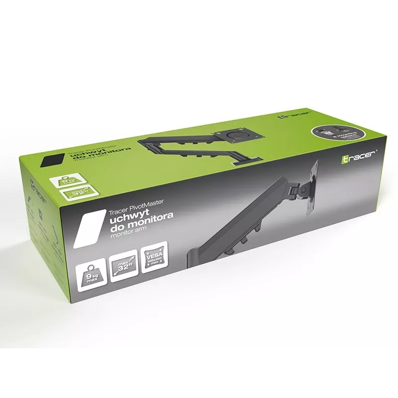 Monitorinis ranka TRACER Pivot Master TRAUCH47659 – reguliuojamas aukštis, pakreipimas/sukimas, VESA 100×100, iki 9 kg, 13–32 colių ekranams, stalviršio tvirtinimas, juoda