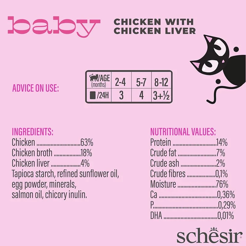Šlapias kačių ėdalas Agras Pet Foods Schesir Baby in Brühe 70 g – vištiena, be grūdų, jaunikliams