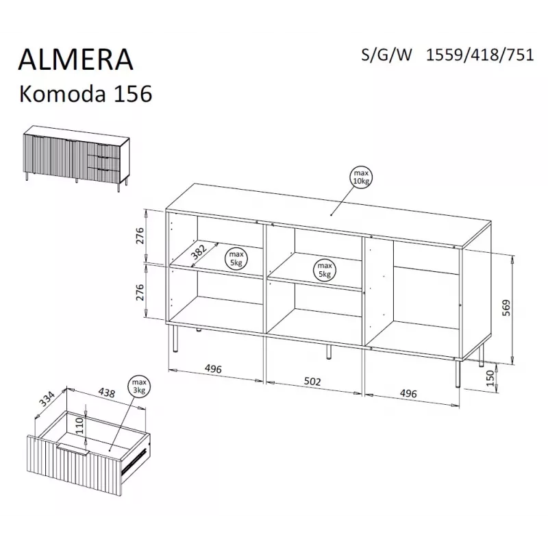 Komoda Cama Meble ALMERA 156×42×75 cm, riešutas/kreminė, 3 stalčiai, medžio drožlių plokštė