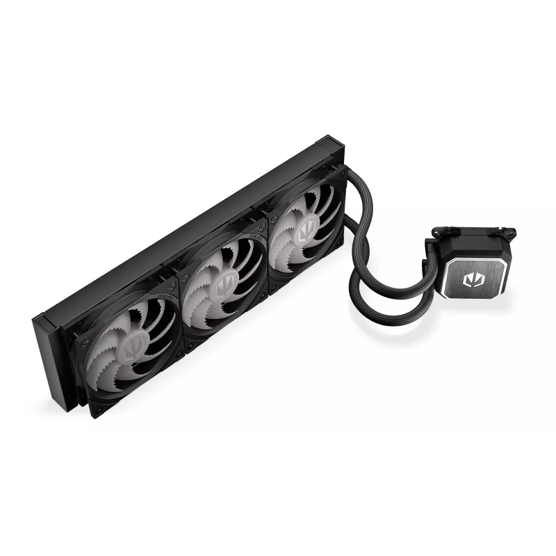 Vandens aušintuvas ENDORFY Navis F360 ARGB Black — 360 mm radiatorius, 3x 120×25 mm ventiliatoriai, 250–1800 RPM, siurblys 1600–2600 RPM, LGA 1700/AM5/AM4