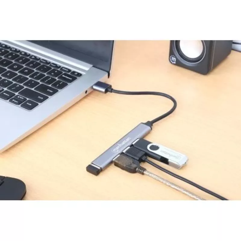 Manhattan USB-A 4 prievadų šakotuvas, 4x USB-A prievadai (1x 5 Gbps USB 3.2 Gen1, 3 x 480 Mbps USB 2.0), maitinamas per USB, aliuminis