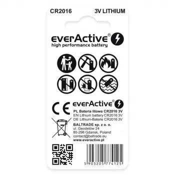 Ličio monetinė baterija everActive CR2016 — 3V, 20 mm skersmuo, 1,6 mm aukštis, pakuotė po 2 vnt.