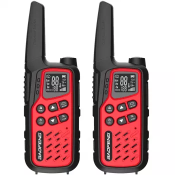 Nešiojamos racijos Baofeng BF-T25E — 16 kanalų, 0,5 W, Li-Ion 1400 mAh, rinkinys 2 vnt. (raudonos)