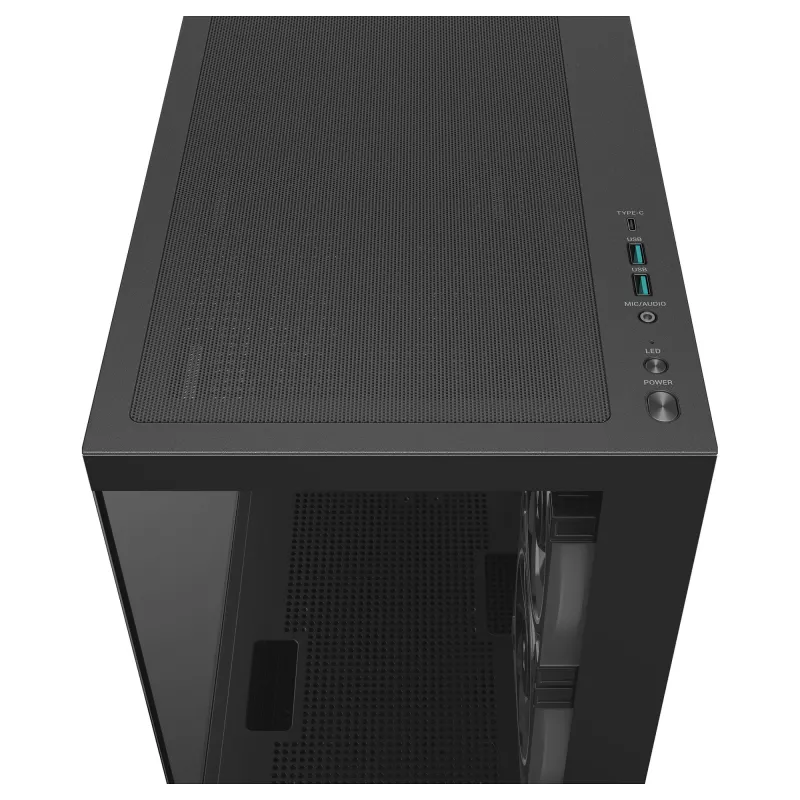 Korpusas PC Midi Tower DeepCool CG380 3F — Juodas, 235×437×451 mm, palaiko 2x120 mm šoninius + 1x120 mm galinį ventiliatorius, maitinimo šaltinis apačioje, 2,5 colio/3,5 colio HDD