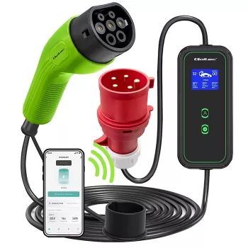 Qoltec Mobile EV automobilio įkroviklis reguliuojamas 2in1 Type2 | 7kW | 230V | CEE 3 kištukas | Wi-Fi | LCD | Nešiojamas | Wallbox | 5m