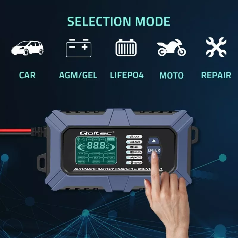 Qoltec Smart Microprocesorinis Baterijų Įkroviklis su Baterijų Testeriu ir 12V Atkūrimo Funkcija | 6A | LCD | Baterijų įkroviklis AGM LiFePO4 GEL akumuliatoriams