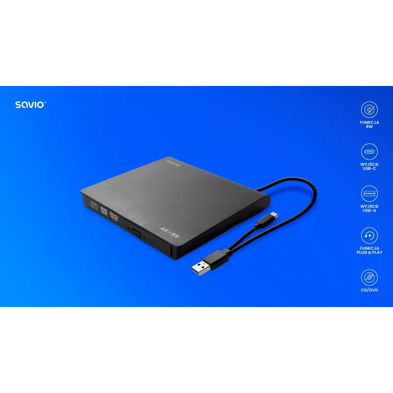 SAVIO AK-59 Išorinis plonas CD/DVD įrašymo įrenginys R/RW - USB-C/USB-A, juodas