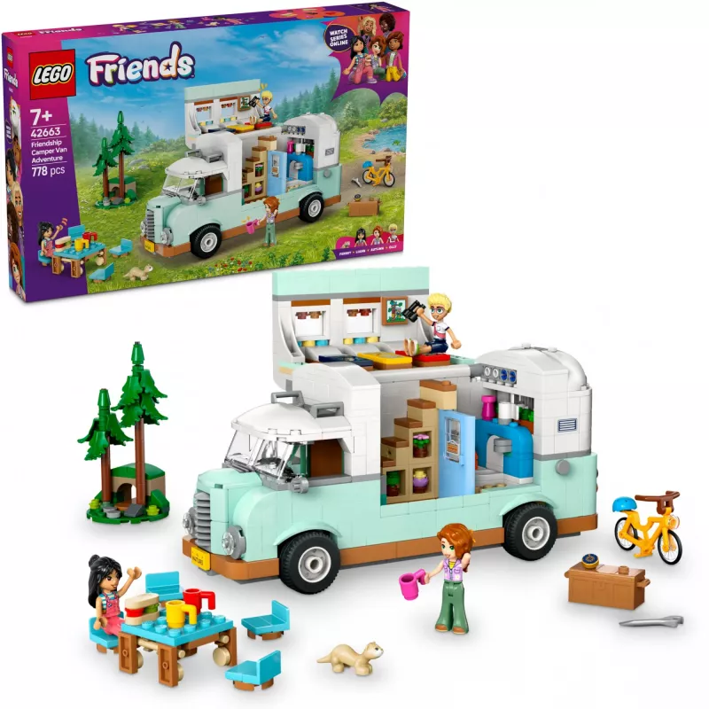 LEGO Motor Home 42663 – LEGO Friends kemperinė mašina, 778 dalių, 3 mini-lėlės, nuo 7 metų