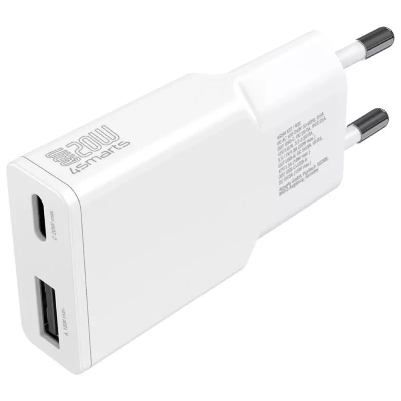 AC vidinis mobiliųjų įrenginių įkroviklis 4smarts 541509 — 100–240V, USB-A + USB-C, 1,5 m laidas, greitas įkrovimas, baltas