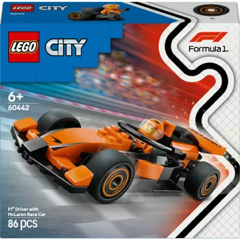 LEGO City F1 lenktynininkas McLaren lenktyninis automobilis 60442 — konstravimo rinkinys, 86 dalys, 1 minifigūrėlė, nuo 6 metų